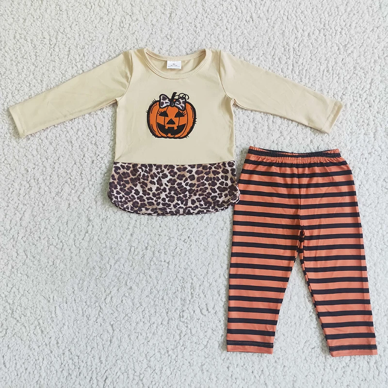 

Wholesale Baby Girl Halloween Kids Pumpkin Clothes Infant Long Sleeve Leopard Stripe Pants Toddler Outfit Children New Clothing