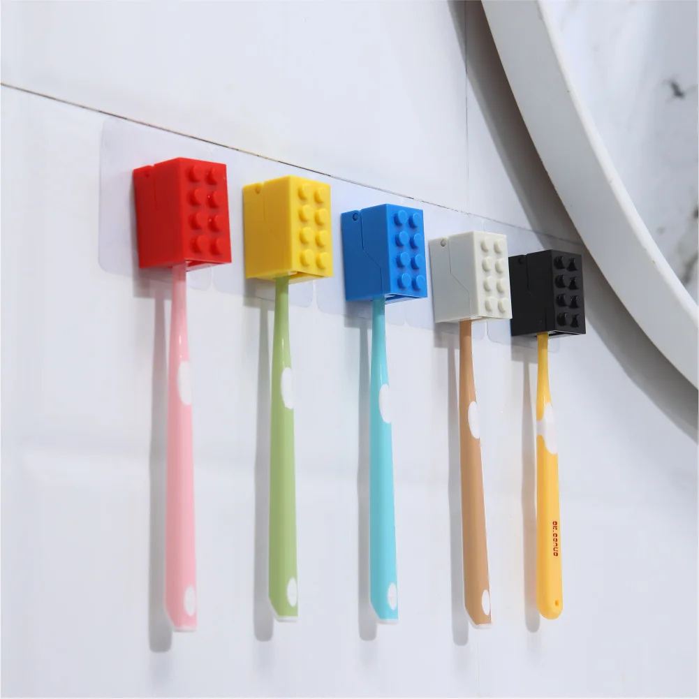 Creative Plastic Building Block Shaped Toothbrush Holder Children Toothbrush Storage Rack Dust Waterproof Wall Hook
