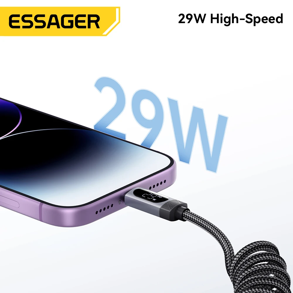 Essager Car Spring USB C Cable For iPhone 14 13 12 11 PD Fast Charging Type C To Lighting Cable For iPad Macbook Digital Dispaly
