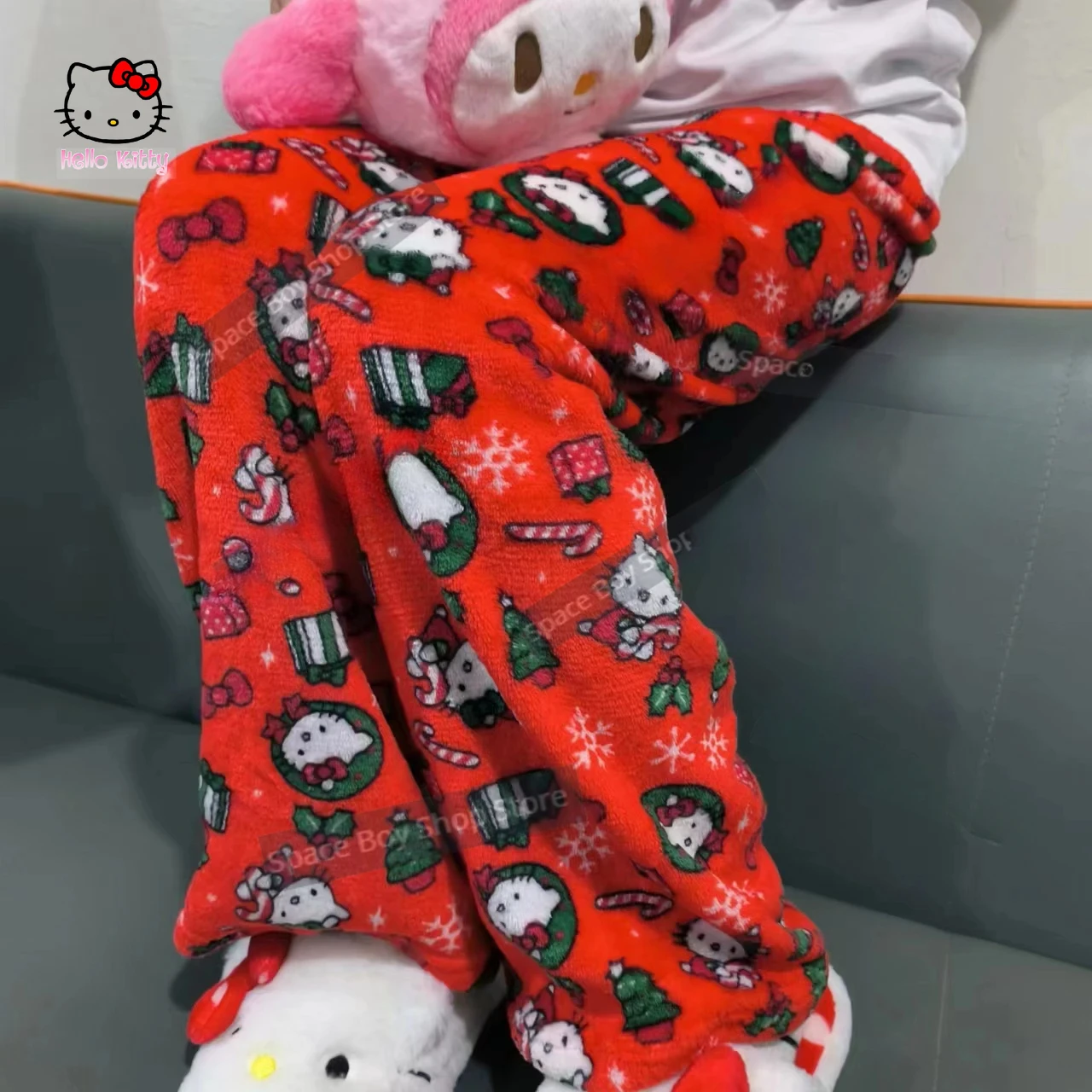 

Kawaii Sanrios Anime Cartoon Hello Kitty Coral Fleece Pajamas Pants Soft Trousers Women Casual Loose Home Trousers Birthday Gift