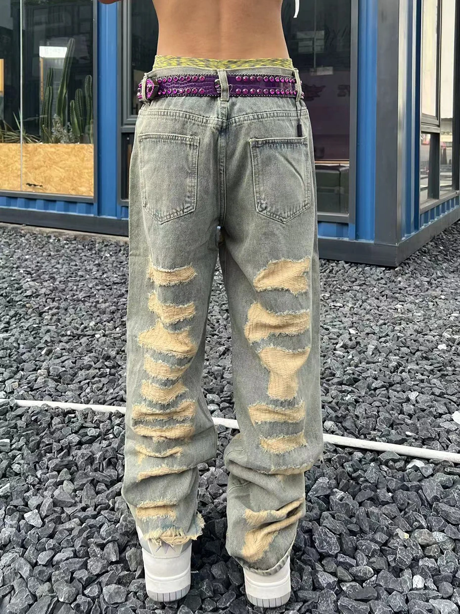 Embroidery Patchwork Ripped Jeans Men Vintage Distressed Hole
