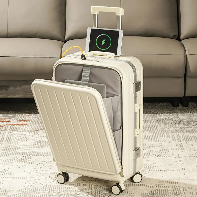 

New front open luggage aluminum frame universal wheel travel multi-function charging boarding trolley case Suitcases
