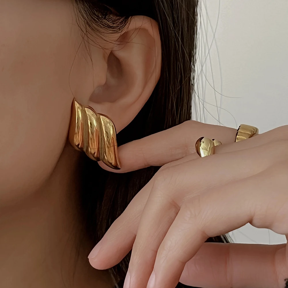 Vintage Gold Plated Stainless Steel Stud Earrings for Women Fashion Glossy Metal Wings Shape Chunky Hoops Statement Jewelry - Image 2