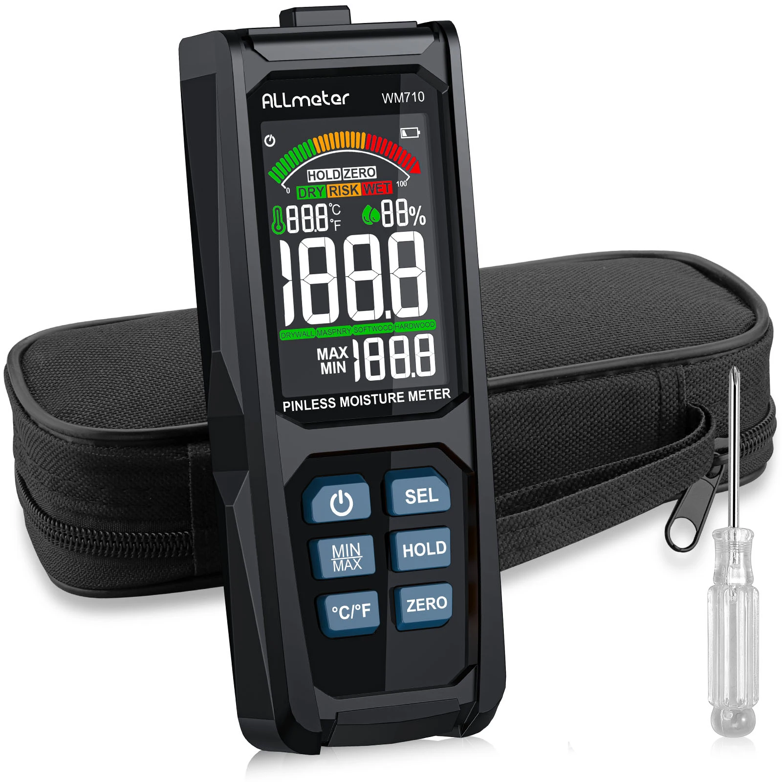Wood Moisture Meter ALLmeter Large Backlit Pinless Moisture Meter 20-40mm Analysis Depth With Colour LCD Alarm Function Hold Function