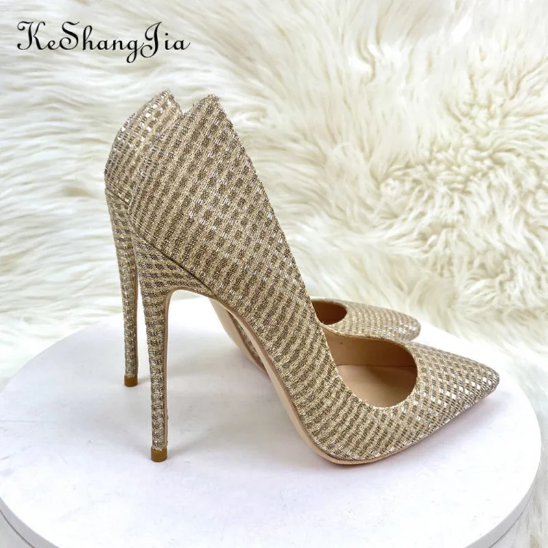 

Keshang'jiaWomen 12CMHigh Heels Sequins Glitter Luxury Designer Pumps 33-45 Plus SizeWedding Bridal Gold Valentinee