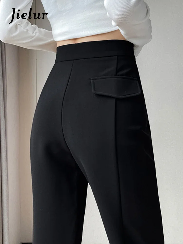 Jielur Split Black Slim Fake Pockets Flare Pants Chic Office Ladies High Waist Casual Fashion Female Streetwear Trousers Apricot