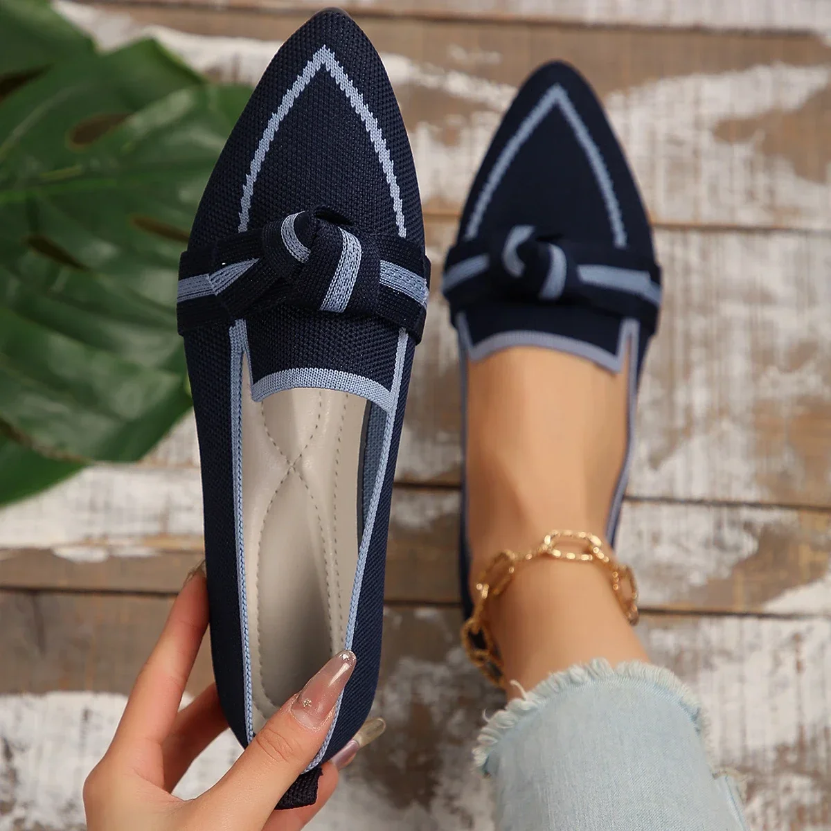 Women Shoes Flats Sneakers Knitted Slip Breathable Comfortable Solid Color Casual Pointed Toe Walking Loafers