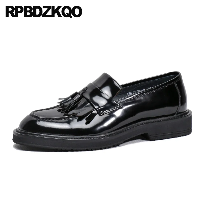 

School Modern Tassel Spring Cow Leather Round Toe Famous Fringe Loafers Men Patent Flats Celebrity Genuine Mirror Slip On Shoes