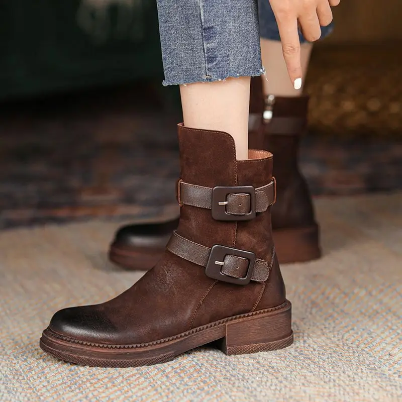 

Cowhide Leather Autumn Spring Quality Warm Platforma Shoes Round Toe Women Short Boots Retro Stylel Winter Boots With Buckles