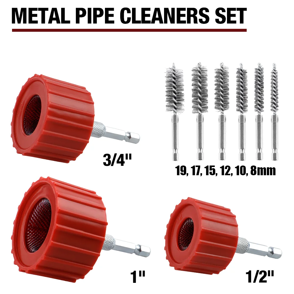 3/9-teilige Rohrreinigungsbürste, 1/2-Zoll-, 3/4-Zoll- und 1-Zoll-Außenreinigungswerkzeug für Metallrohre, 8-19-mm-Bohrer-Reinigungsbürste aus Edelstahl, Werkzeug zur Rostentfernung von Metallrohren