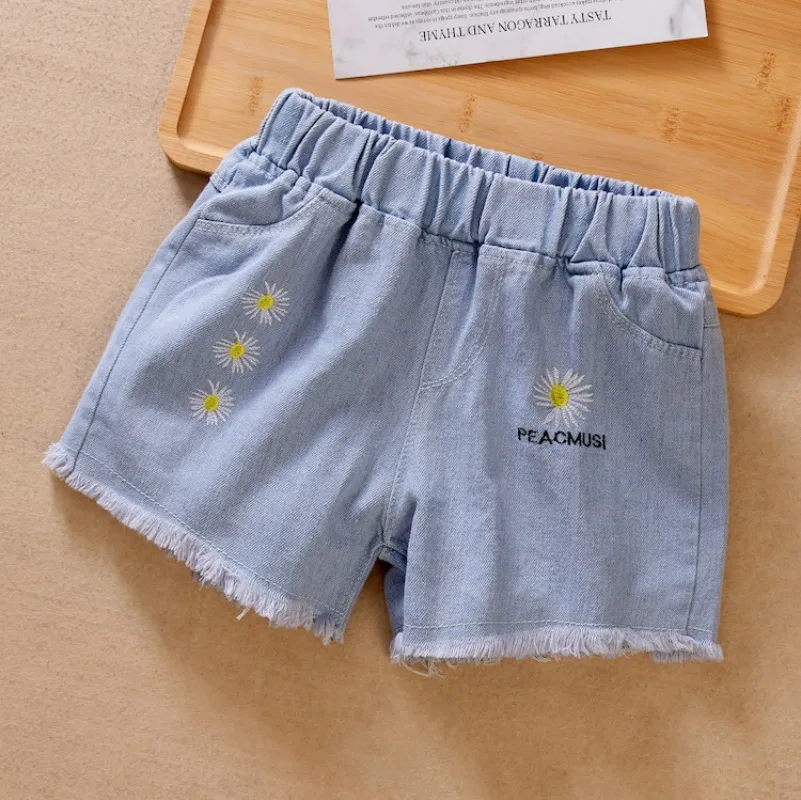 Summer Kids Clothes Girls High Waist Casual Denim Shorts Pocket Tassel Perforated Fashion Shorts Embroidery Beach Outdoor