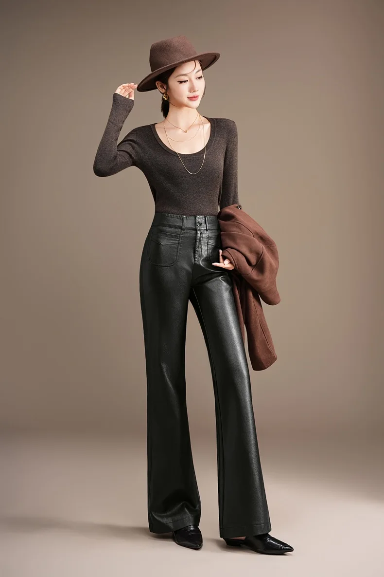 ZUZK Fashion Slimming Pu Leather Flare Pants New Women High Waist Flare Pants PU Leather Trousers Large Size Fashion Warm Pants 78 S761bd8f31b8d4514a8a4696d59fcb53aA