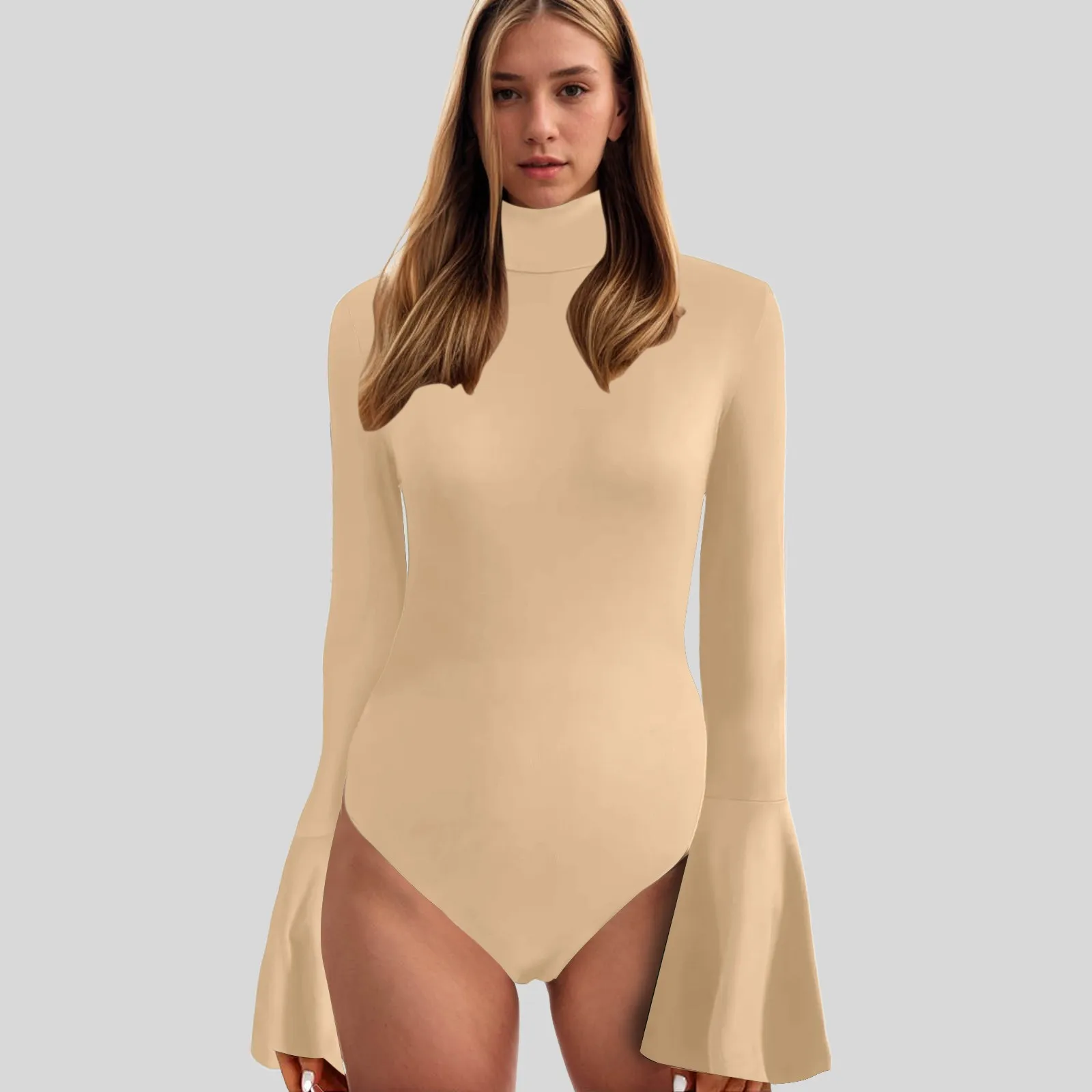 Жіночі сексуальні комбінезони з водолазкою, боді з довгими розкльошеними рукавами, сексуальні однотонні облягаючі повсякденні комбінезони весна-літо 2025 року