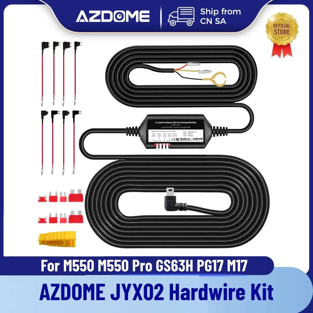 AZDOME-Kit de cables duros de grabación DVR para coche JYX02, Mini puerto USB de protección de bajo volumen, 12V-24V, salida de 5V 2.5a, para M550, M550 Pro, GS63H, PG17, M17