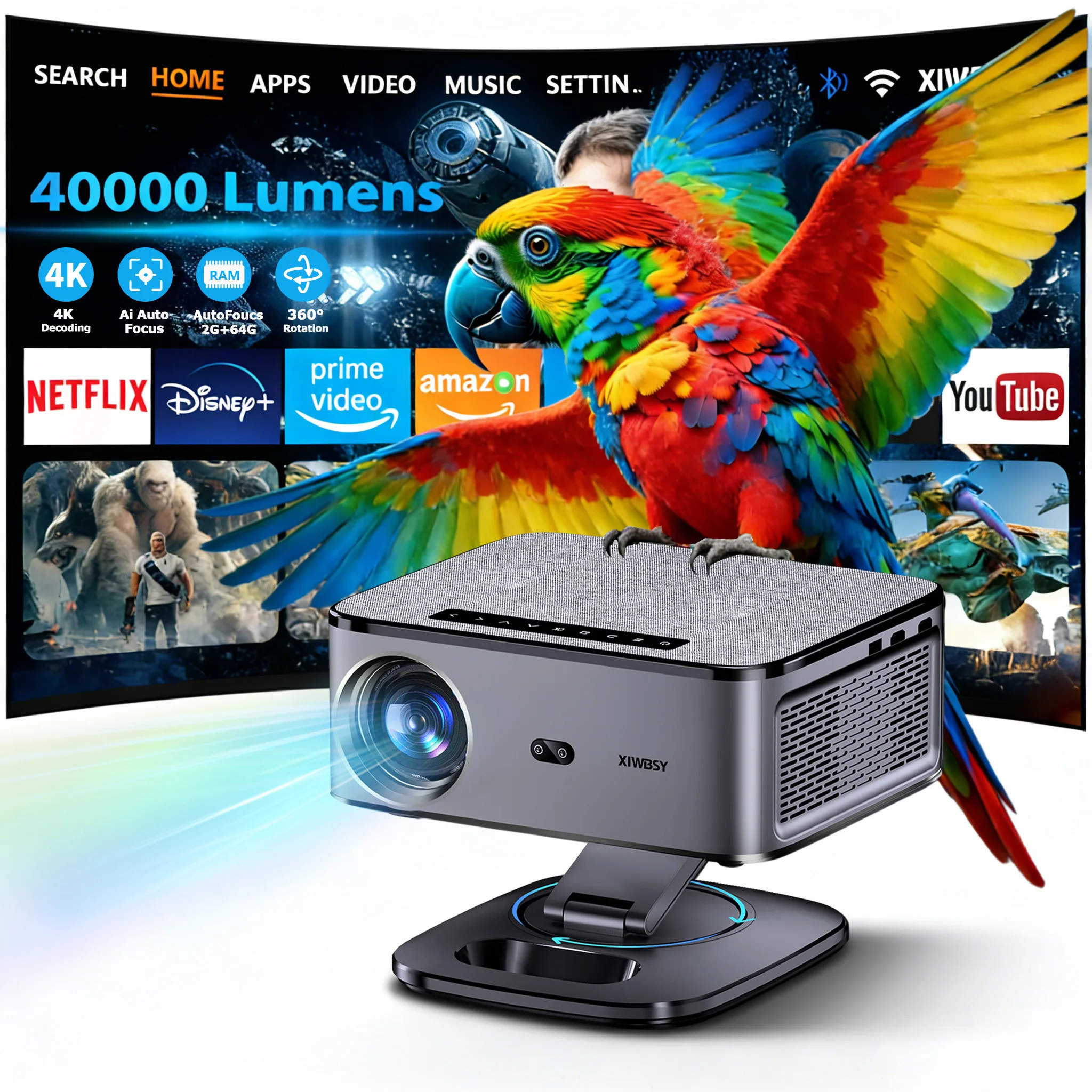 Projetor XIWBSY 40000 Lumens Android 12.0 Projetor de Vídeo 4K com Foco Automático Projetor UHD 4K Projetor de Home Theater