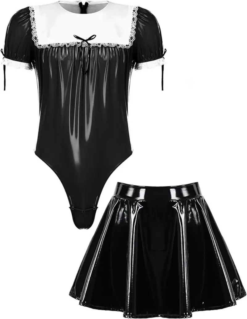 

Black and White Glossy Patchwork PVC Cute Flip Necktie Short Skirt Two-piece Set with Multi-color Customization