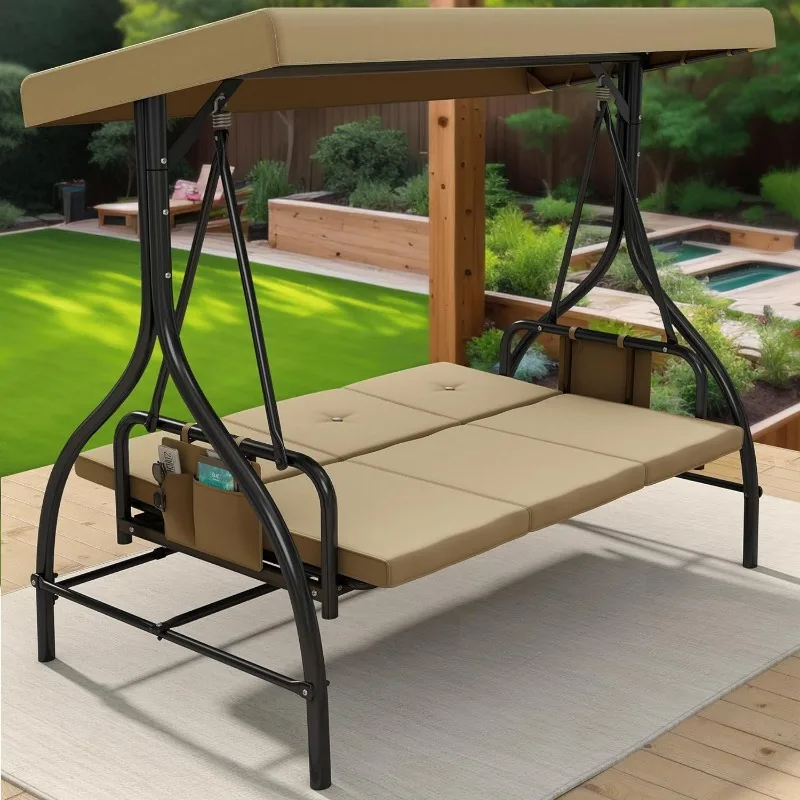 Outdoor Porch Swing, 3 Person Patio Swing Chair with Adjustable Canopy, Removable Cushion,Suitable for Garden, Poolside