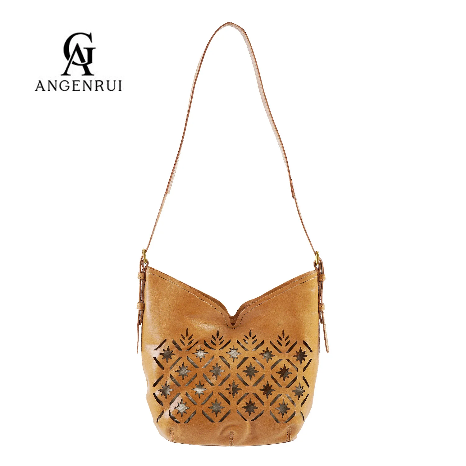 

ANGENGRUI Brand Genuine Leather Women's Bag Vintage Hollowed Out First Layer Cowhide Shoulder Casual Drawstring Bucket