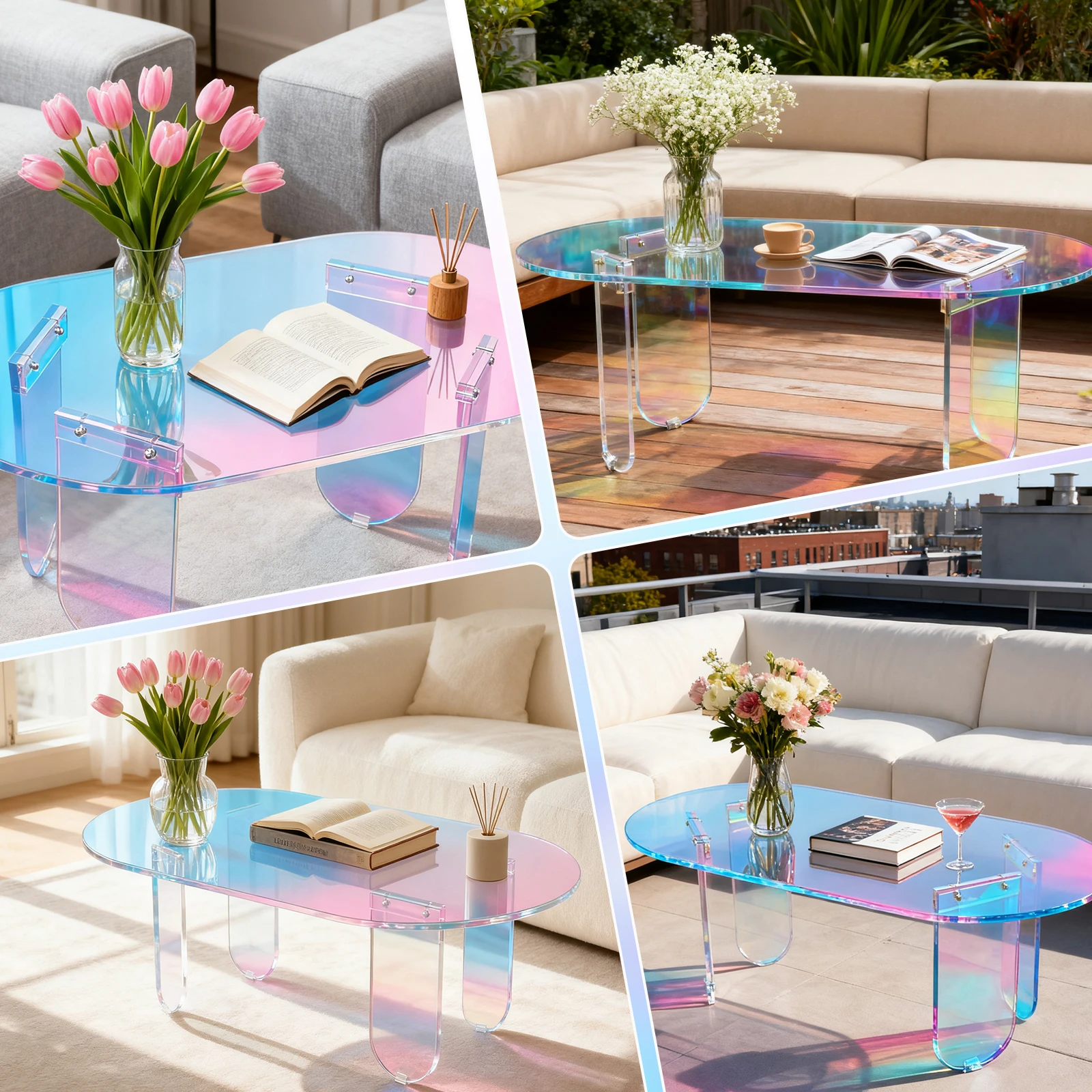 Round Square Acrylic Coffee Table Modern Accent Acrylic End Table Easy Assemble Clear Coffee Table Iridescent Bedroom and Office