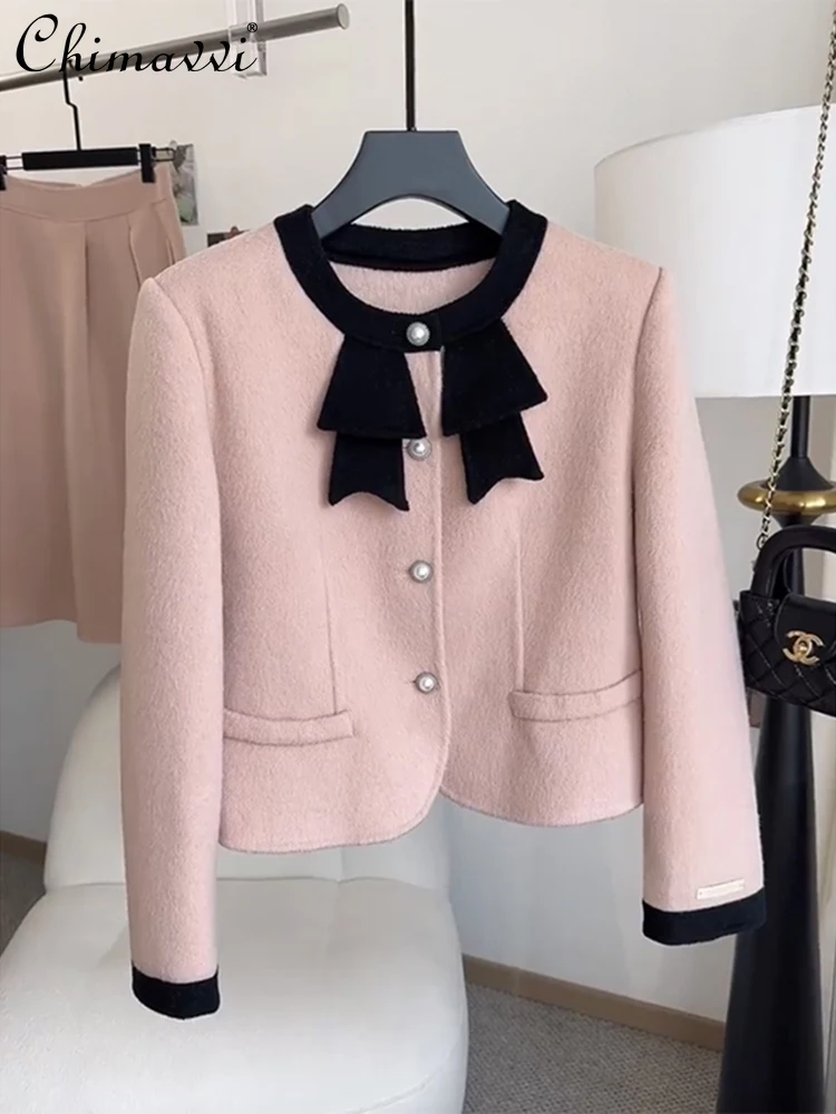 French Elegant Long Sleeve Round Neck Women's Coats Autumn and Winter Fashion Pink Beaded Single-Breasted Slim Fit Jackets