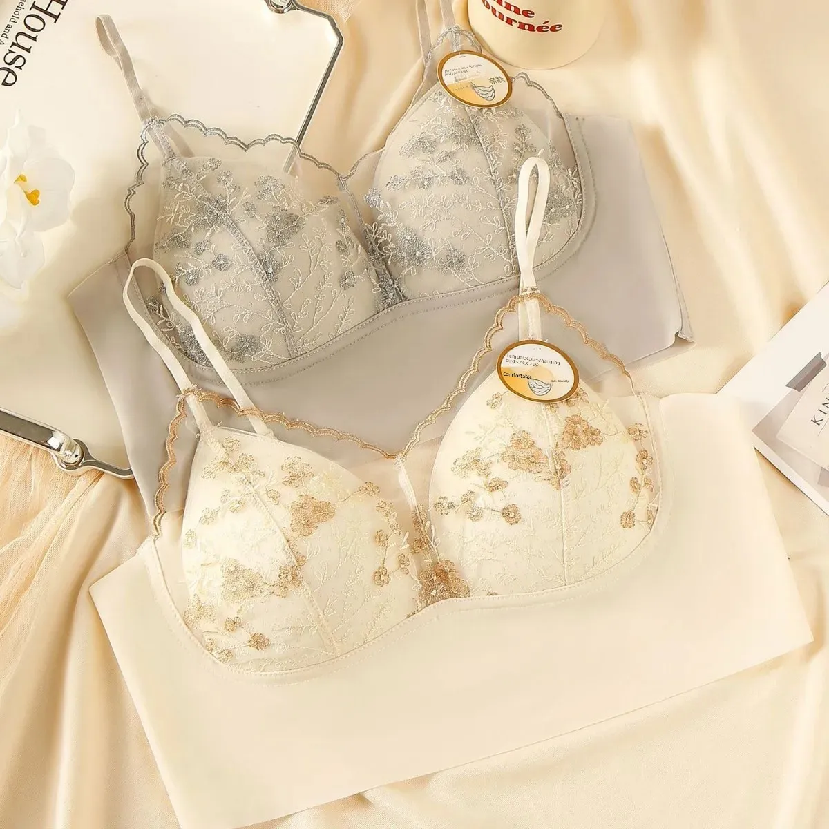 New Thin Sensation High Luxury Comfortable French Lace Underwear Autumn Winter Bra Temperature Changing Bird's Nest Cup