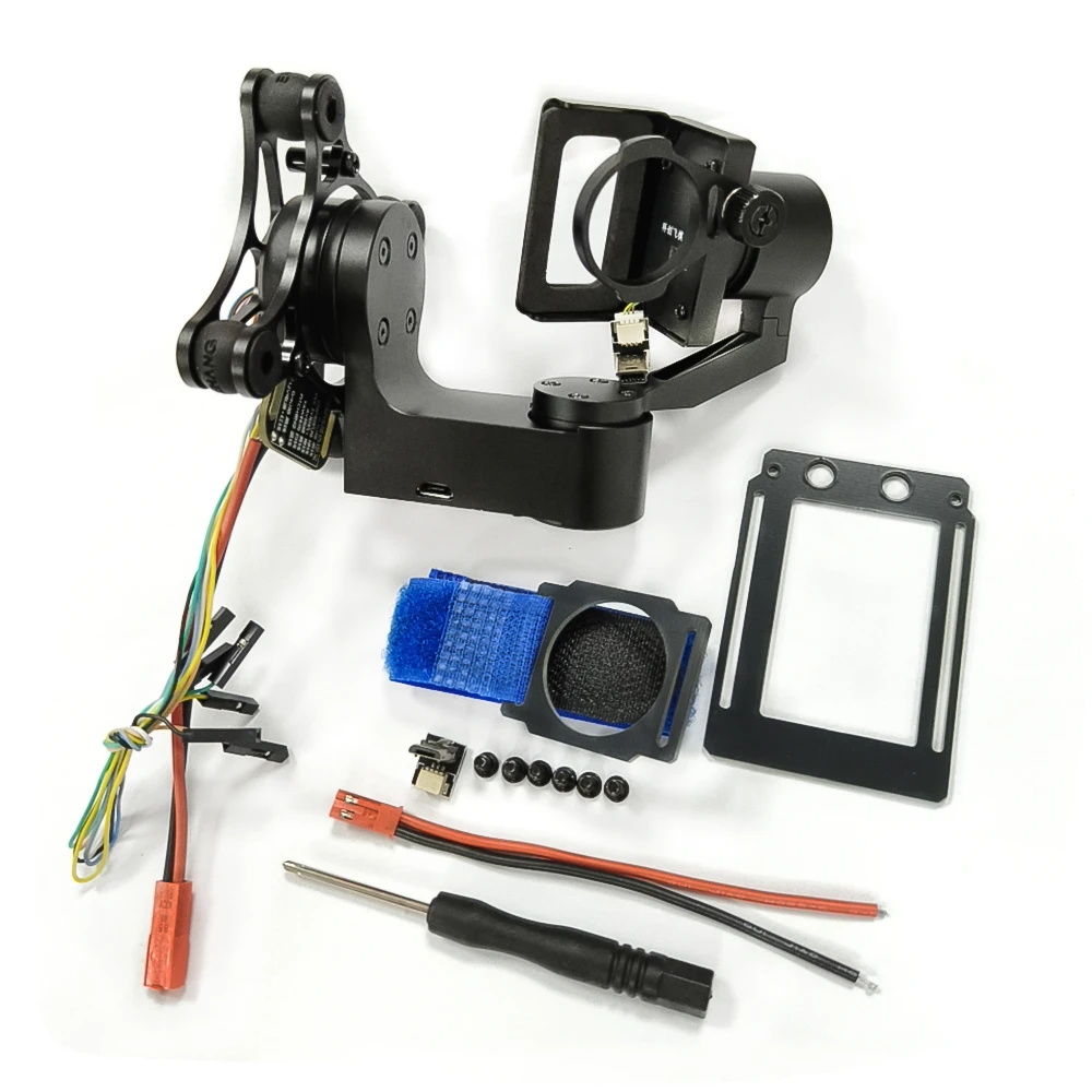 Gimbal 3 Axes Brushless installé sous un drone, prêt à embarquer une caméra GoPro pour des prises de vue stables.