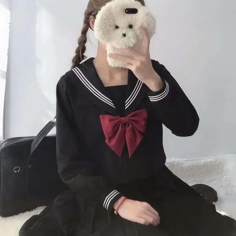 

Girl Uniform Cartoon Basic Costume S-2XL Sailor Black School Navy Japanese Women Suit Sets