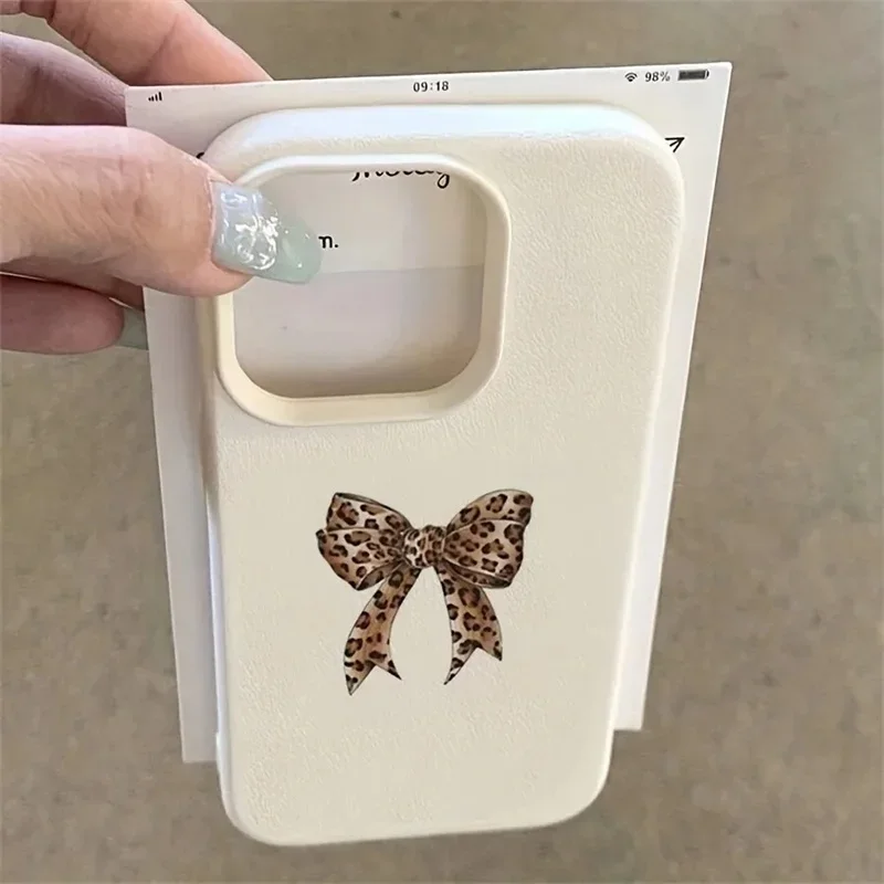Leopard Print Stars Bow Lychee Texture Silicone Phone Case