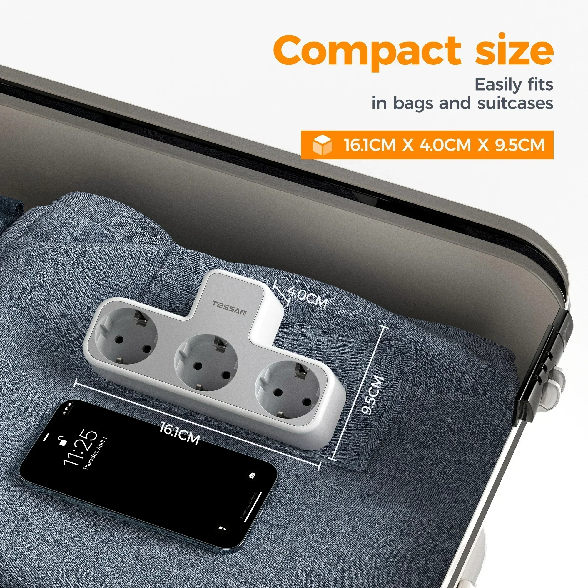 Multiple Wall Power Strip 3 AC Outlets Charging Ports EU Plug Overload Protection