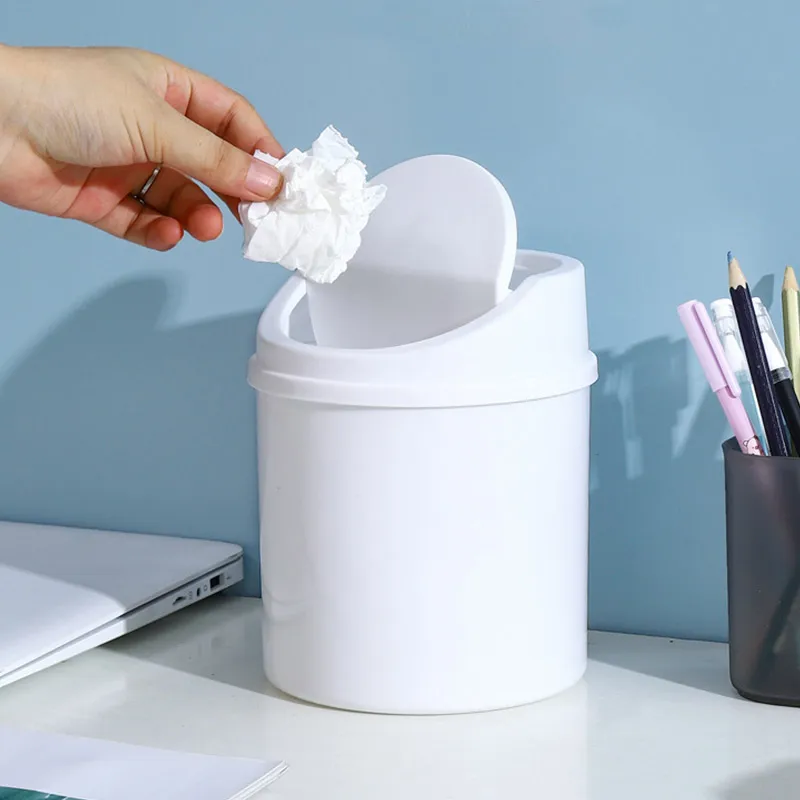 Mini Desktop Bin with Cover Shaking Lid Small Trash Can Tube Bedroom Living Room Table Garbage Storage Box