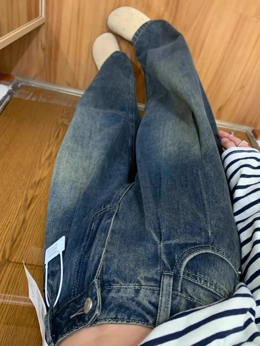 Retro Wide Leg Denim Jeans Women's Spring Autumn Cement ey Loose Fit High Waist Large Size Straight Leg Pants American Sle
