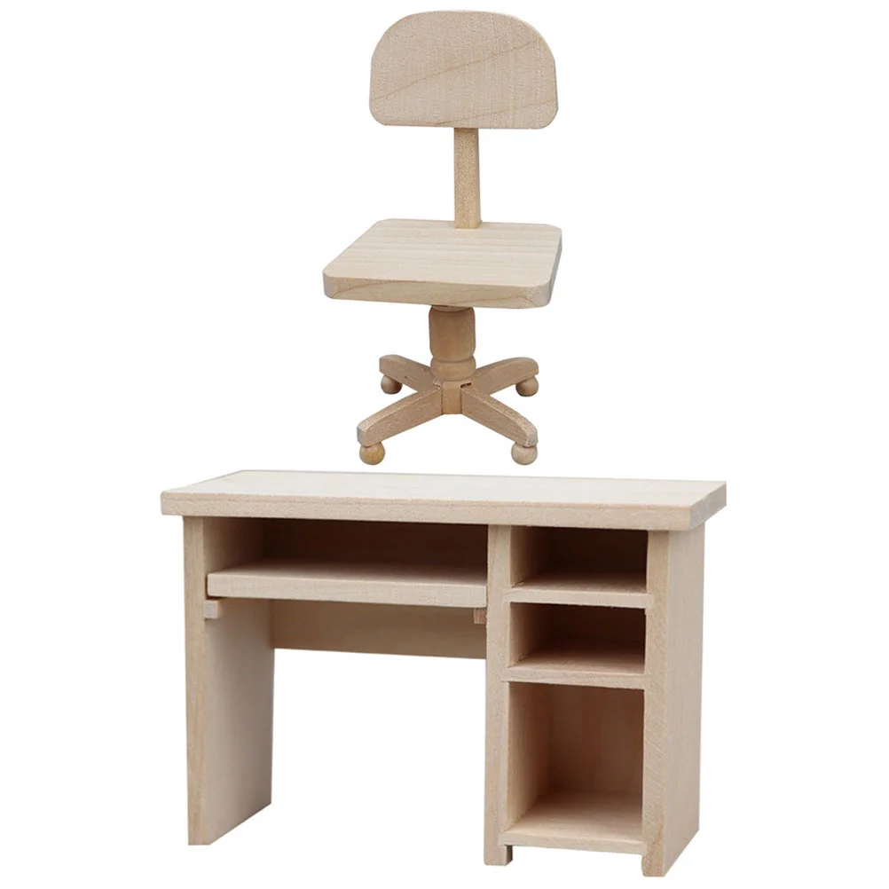

Dollhouse Computer Desk Birthday Decoration Girl Mini Chair Figurine Decorations Wooden Model Table Adornment Micro Scene Craft