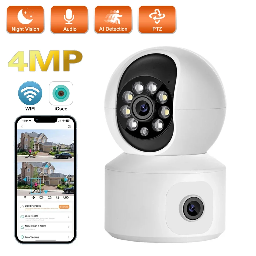 4MP 2K WiFi PTZ Camera with Dual Screen Baby Monitor Auto Tracking Night Vision Indoor Home Security IP CCTV Surveillance Camera