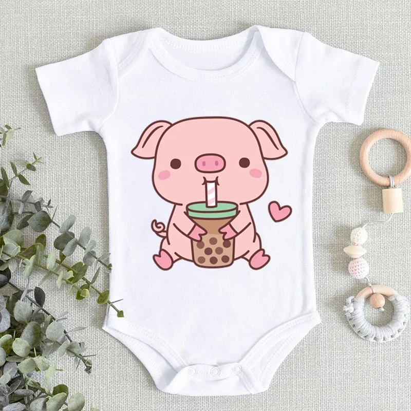 

Cute Bodysuits Baby Girl Pig Boba Tea Print Baby Romper Kawaii Pink Pig Newborn Set Bodysuit Romper Baby Boys Cotton Jumpsuit