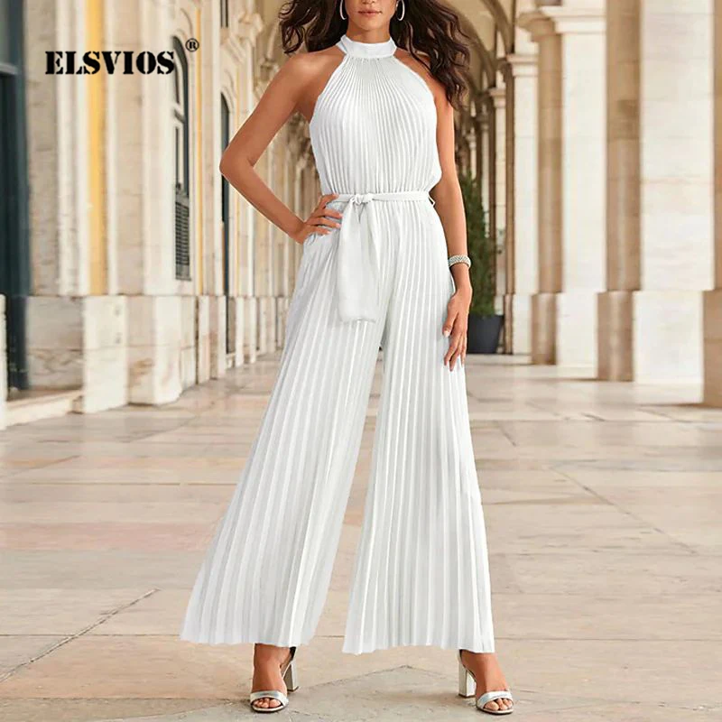2022 Autumn Summer Women Chiffon Pleated Jumpsuit Sexy Lace-up Sleeveless Halterneck Romper Casual Loose Solid Wide-leg Jumpsuit