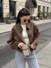 Fashion Brown Zipper Woolen Jacket For Women Elegant Lapel Long Sleeve Short Coats Female Vintage Autumn Lady Street Outerwear 6