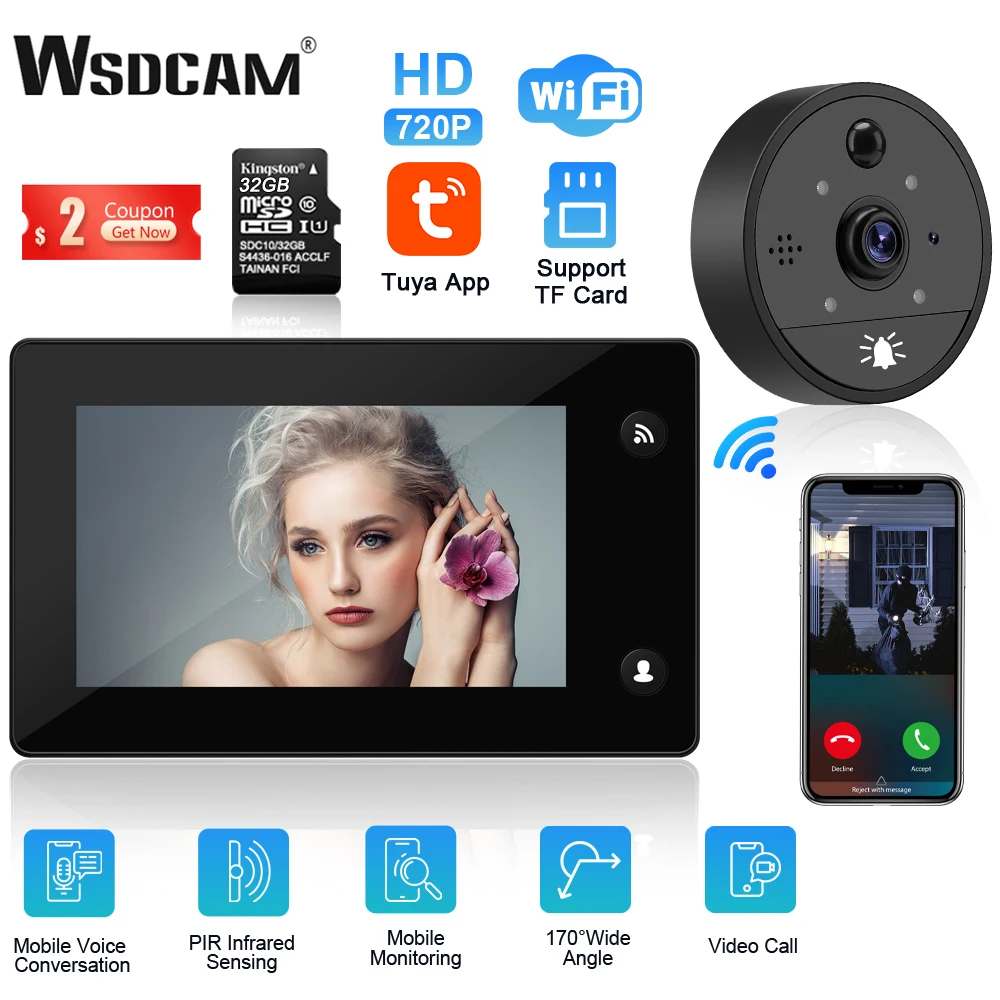 WSDCAM Tuya Video Peephole Doorbell WIFI Camera Motion Detection ...