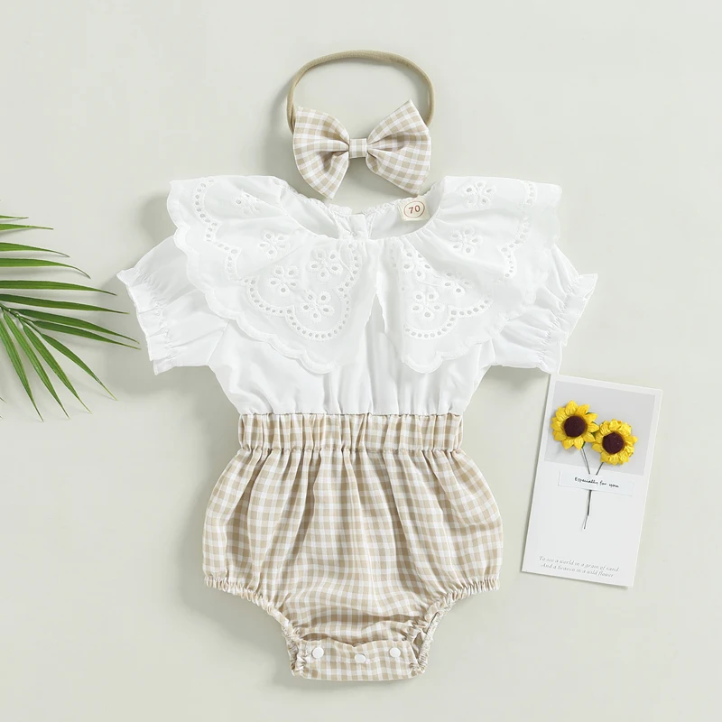 

Lovely Summer Newborn Baby Girls Rompers Clothes Princess Infant Girls Flower Hollow Plaid Print Short Sleeve Jumpsuits Headband