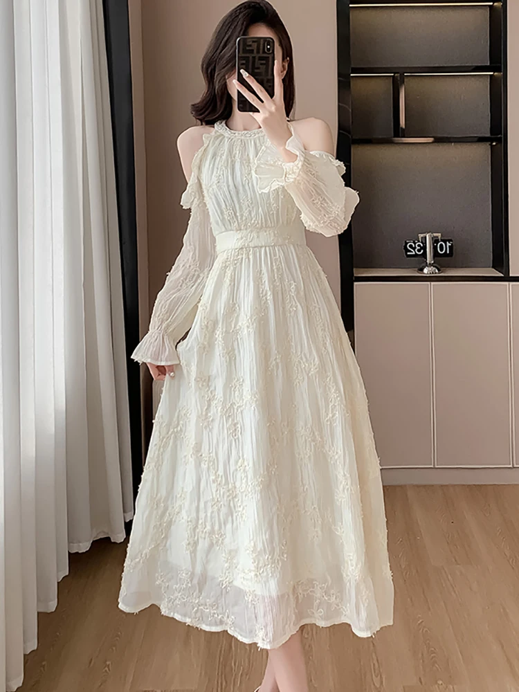 

2024 White Jacquard Chic Ruffled Off Shoulder Sexy Long Dress Women Luxury Elegant Festival Dress Summer Korean Bodycon Vestidos