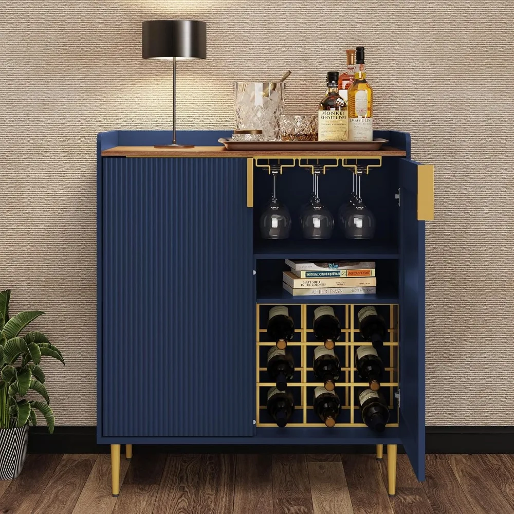 Sideboard Buffet Cabinet with Fluted Texture, Modern Coffee Bar Cabinet with Wine Rack&Drawers, Blue Liquor Cabinet for Kitchen