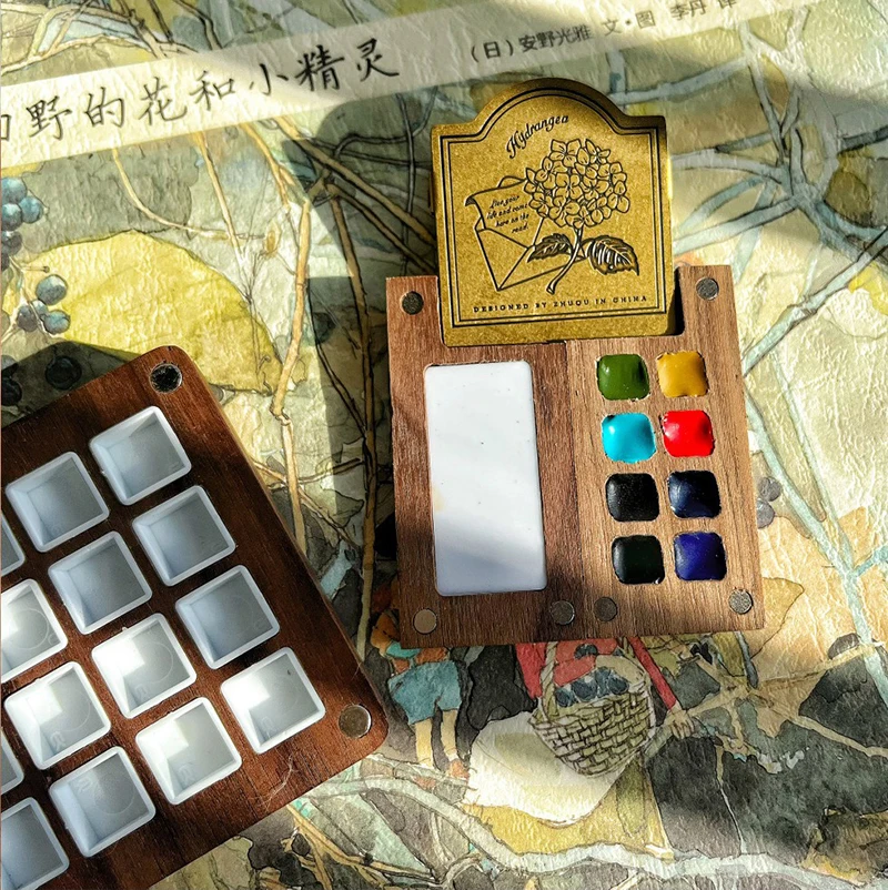 Wooden Handmade Watercolor Paint Box Ins Style Palette Pigment Box Portable Storage Box with Lid Paint Tray Painting Art Supplie