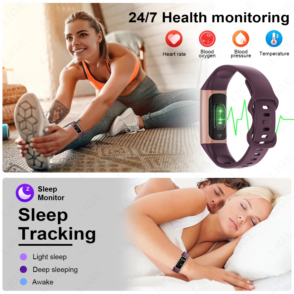 LIGE 1.1 인치 새로운 스포츠 스마트 밴드 피트니스 트래커 남자 여자 방수 연결 트래커 팔찌 Smartwatch For 안드로이드 ios