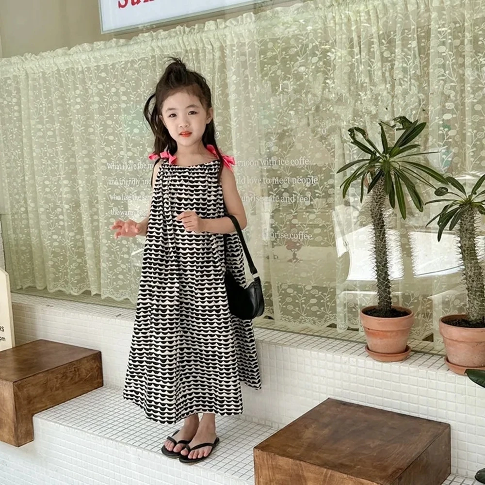 

2023 Summer Girl's Print Tank Dress Kids Long Strap Dresses for Girls Cotton Sleeveless Casual Dress Children Girl Clothing 6 8