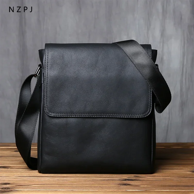 

10 Shoulder Large Natural Bag For Capacity Vertical Bag Cowhide Casual Crossbody IPad Zipper Bag Men's Flip Leather Inch