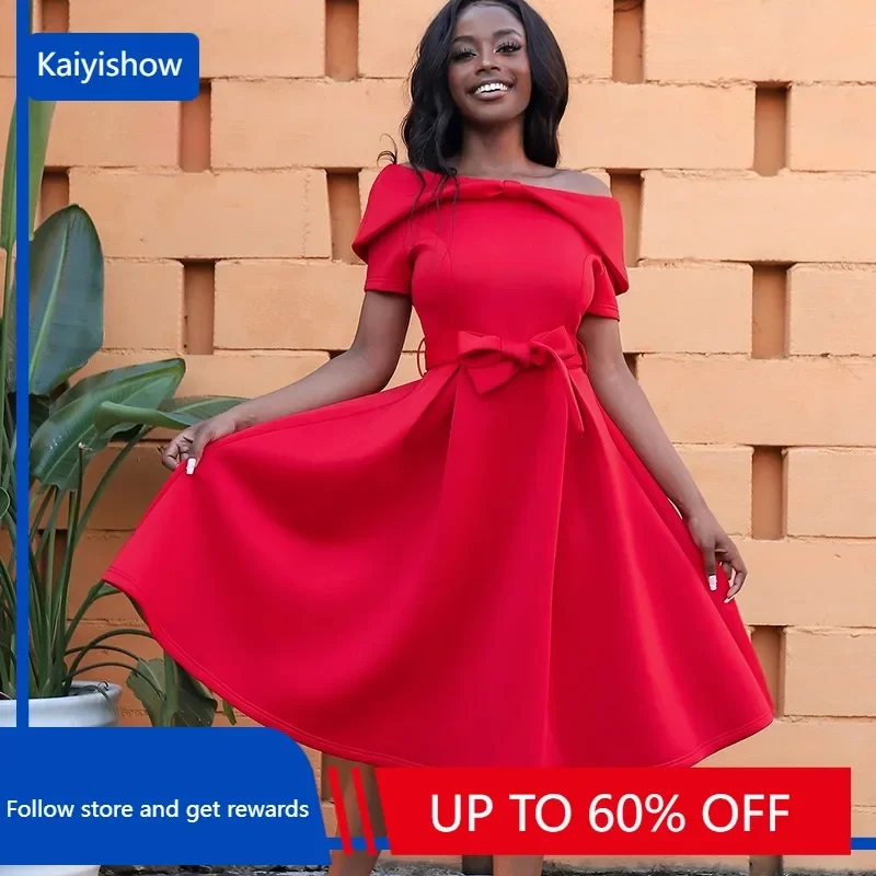 Elegant Party Swing Dresses Women 2023 Summer Sexy Slash Neck Short Sleeve Bow Hem Midi Dress African Female Clothing Prom Robe evening prom special occasion dress bandeau satin high slit elegant formal robe gala فساتين مناسبة رسمية 2023