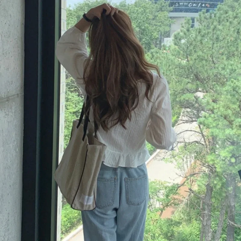 Fashionable Women's Lace Up Short Jacquard Long Sleeved Shirt Casual New Pleated Solid Color Top for Women 11700