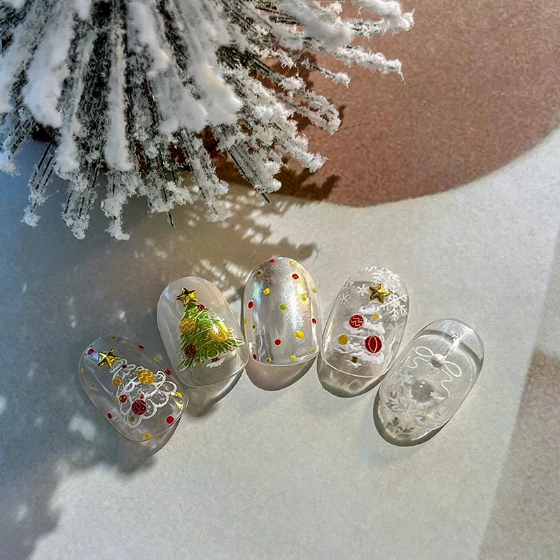 Christmas Tree Embossed Nail Stickers Self-Adhesive Xmas Manicure Decals, Charm Nail Ornaments 3D Raised Nail Art Decorations