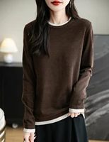 Haut femmes col rond mince T-Shirt tricot nouveau pull été printemps mode basique à manches longues laine faux deux pièces doux femme vêtements 6