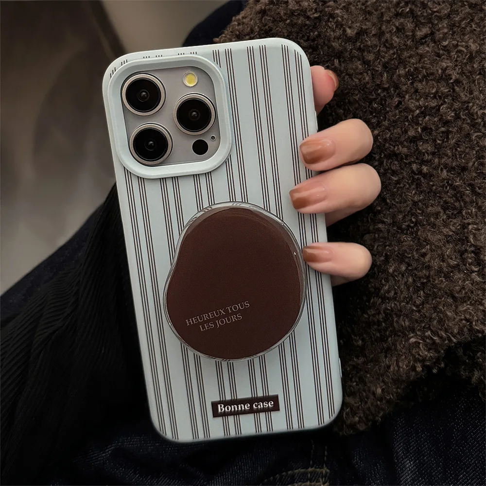 Vintage Blue Phone Case with Brown Vertical Stripes and Coffee Bean Holder