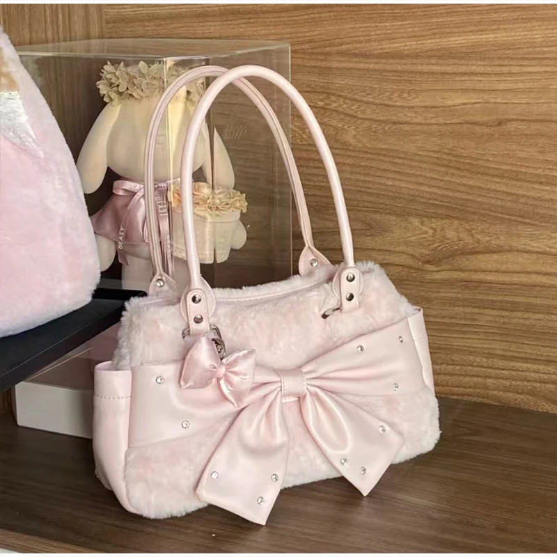 Borsa Utility Dolce e Pratica, Borsa a Tracolla Morbida con Fiocco in Pizzo, Stile Lolita Grande Capacità, Borsa a Spalla Marrone Rosa - immagine 2